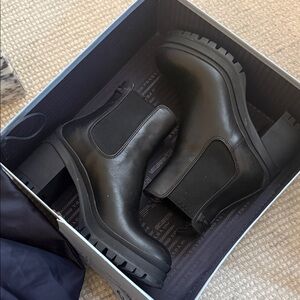 Prada Black Leather Chelsea Ankle Boots Lug Sole Block Heel 38.5 Never Worn